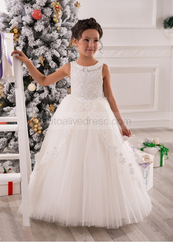 Peter Pan Collar Ivory Lace Tulle Beaded Tulip Flower Girl Dress